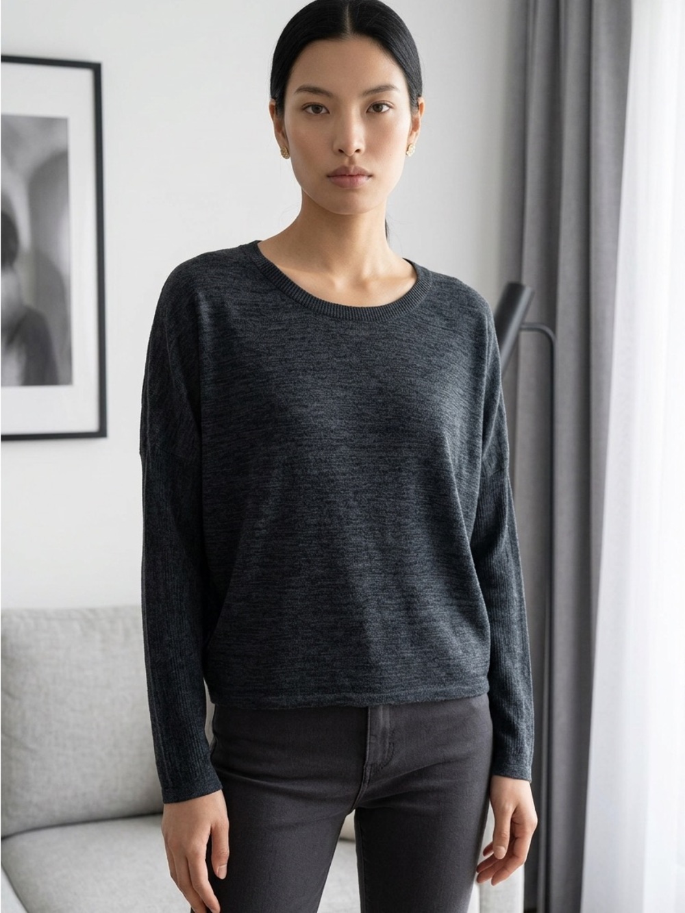 White House Black Market Navy Blue Black Heather Crewneck Pullover Sweater-M - Picture 1 of 10